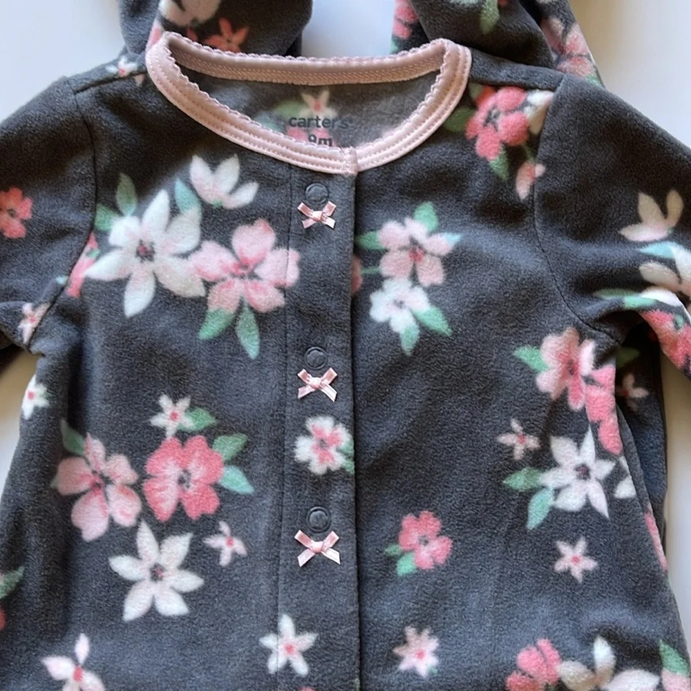 Carter's Baby Cozy Pajamas, Dark Grey with Pink & Coral Flower Print, Sz 9 Month